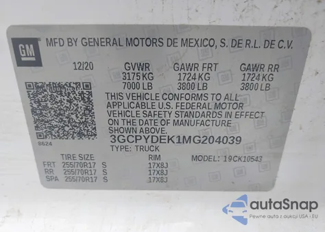 2021 Chevrolet Silverado 1500 4Wd Short Bed Lt z USA, uszkodzony, nr VIN 3GCPYDEK1MG204039